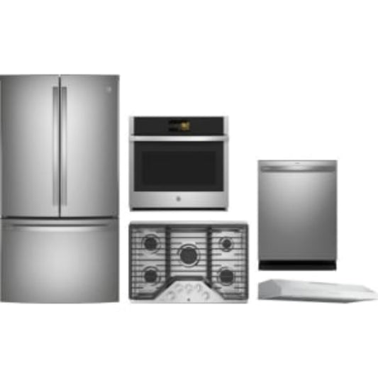 GE Appliances Profile 5-Piece Package 36 Counter-Depth French-Door and 36 Cooktop and 30 Wall Oven and 24 Integrated Dishwasher and 36 Under Cabinet Hood - GeAppliances-PWE23KYNFS-PGP7036SLSS-PTS7000SNSS-PDT715SYVFS-PVX7360SJSS