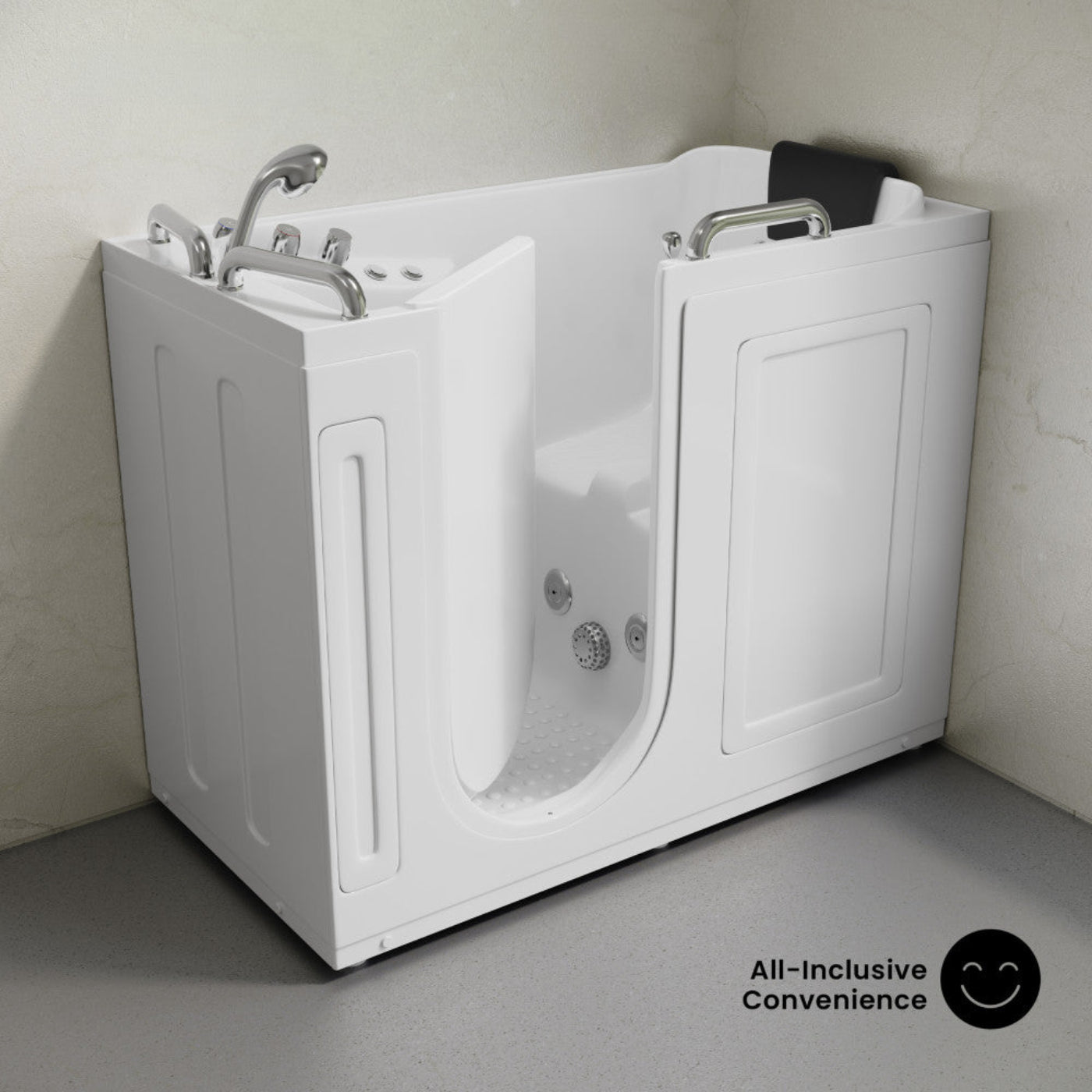 Swiss Madison Auvergne 53" x 27" ADA Left Drain Walk-in Soaking Bathtub with Massage Jets in Glossy White, Faucet Set, Drain, Grab Bars, Pillow Included - SM-AB6803GW