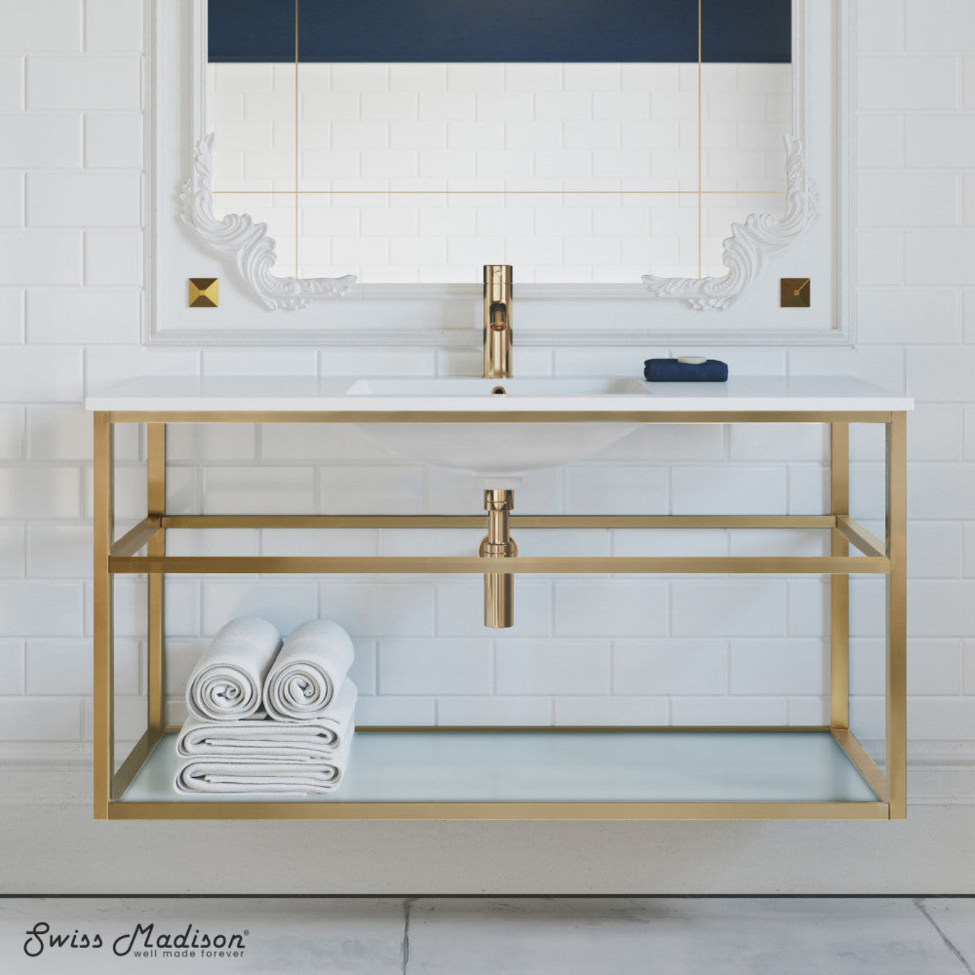 Swiss Madison Pierre 48 Single, Open Shelf, Gold Metal Frame Bathroom Vanity - SM-BV554G