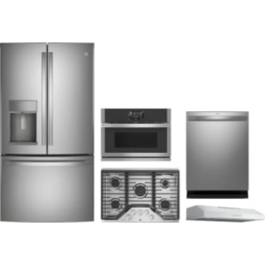 GE Appliances Profile 5-Piece Package 36 Counter-Depth French-Door and 30 Gas Cooktop and 27 Single Electric Smart Wall Oven and 24 Integrated Smart Dishwasher and 30 Under Cabinet Range Hood - PVX7300SJSS