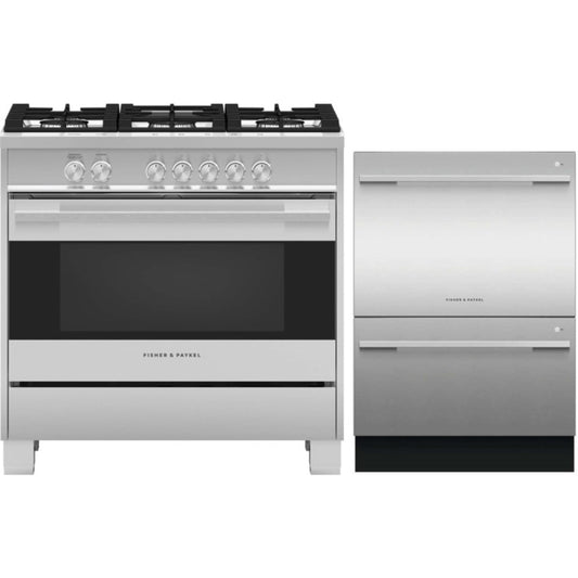 Fisher & Paykel 2-Piece Package & Paykel 36 Inch Freestanding Gas Range and DD24DDFTX9N & Paykel 24 Inch Fully-Integrated Double DishDrawer  - OR36SDG4X1