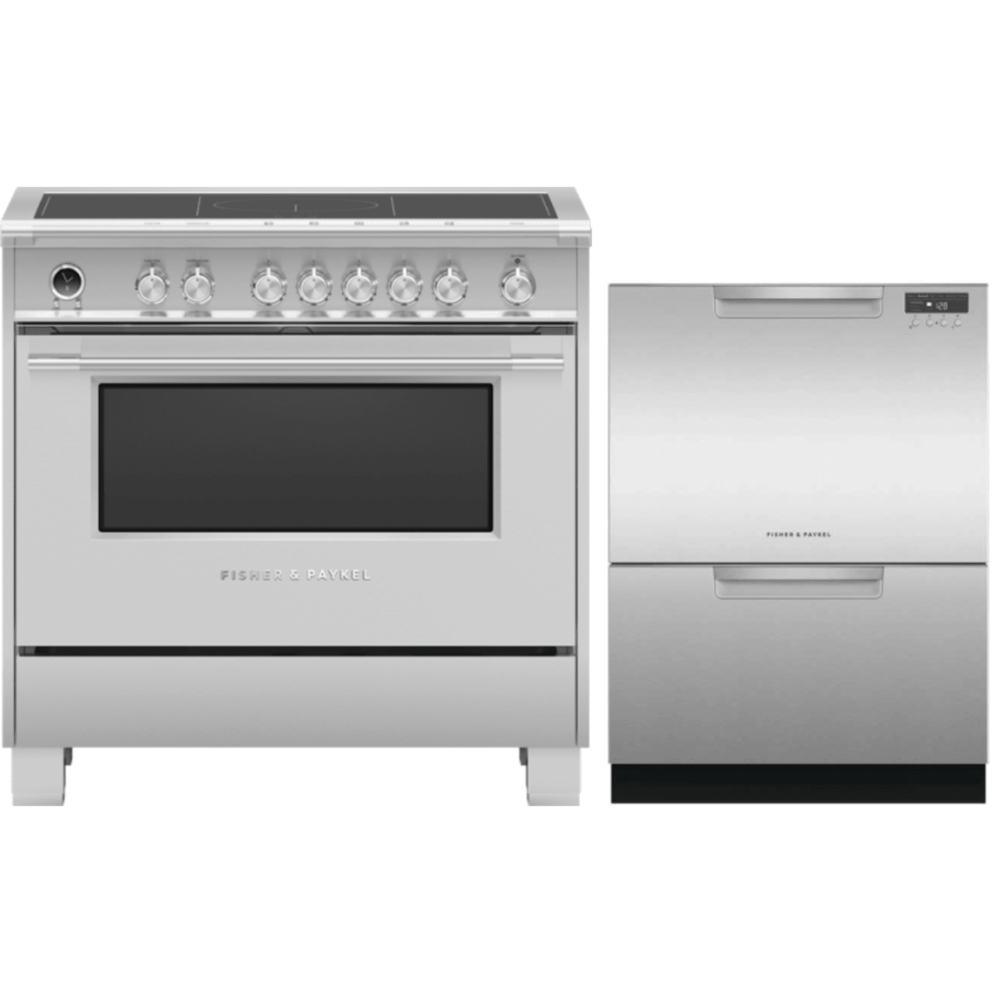 Fisher & Paykel 2-Piece Package & Paykel 36 Inch Freestanding Induction Range and DD24DCTX9N & Paykel 24 Inch Full Console Double DishDrawer - OR36SCI6X1