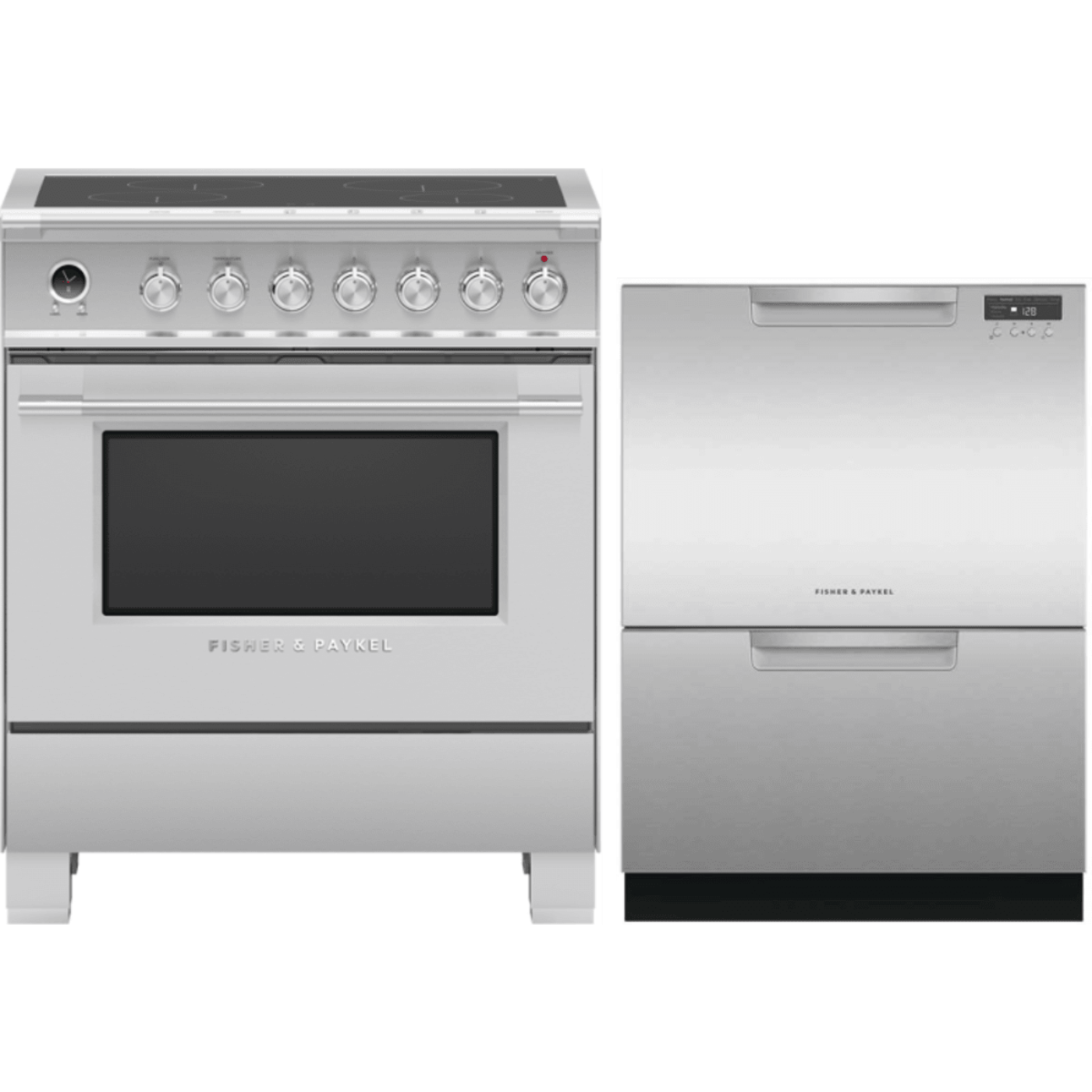 Fisher & Paykel 2-Piece Package & Paykel 30 Inch Freestanding Induction Smart Range and DD24DCTX9N & Paykel 24 Inch Full Console Double DishDrawer - OR30SCI6X1