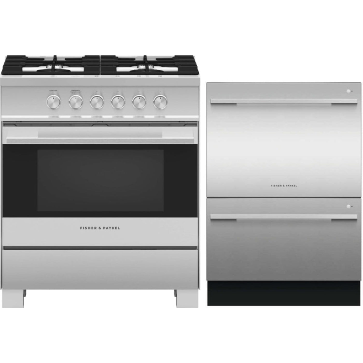 Fisher & Paykel 2-Piece Package & Paykel 30 Inch Freestanding Gas Range and DD24DDFTX9N & Paykel 24 Inch Fully-Integrated Double DishDrawer - OR30SDG4X1