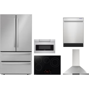 Sharp 5-Piece Package SJG2351FS 36 French 4-Door Counter-Depth Refrigerator and SCR3042FB 30 Drop In Cooktop and SDW6757ES 24 Integrated Dishwasher and SMD2470ASY 24 Microwave Drawer and SHC3062FS 30 Wall Mount Range Hood