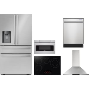 Sharp 5-Piece Package SJG2254FS 36 French 4-Door Refrigerator and SCR3042FB 30 Drop In Cooktop and SDW6757ES 24 Integrated Dishwasher and SMD2470ASY 24 Microwave Drawer and SHC3062FS 30 Wall Mount Range Hood