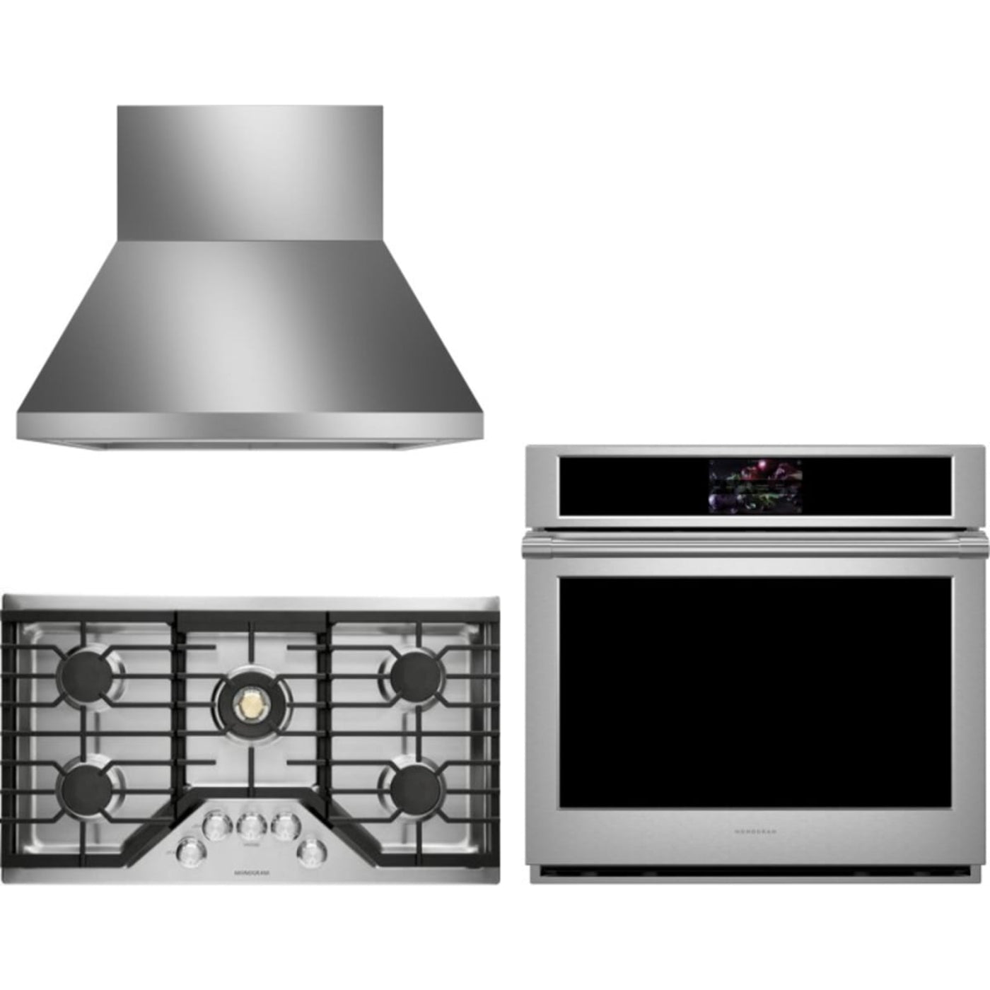 Monogram 3-Piece Package ZGU36RSLSS 36 Inch Gas Cooktop and ZTS90DPSNSS 30 Inch Built-In Electric Smart Single Wall Ove and ZVW1360SPSS 36 Inch Professional Wall Mount Smart Range Hoo - ZGU36RSLSS