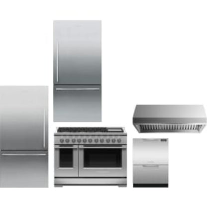 Fisher & Paykel 5-Piece Package 32 Freestanding Bottom Mount and 32 Bottom Mount and RGV3486GDL 48 Gas Range and 24 Full Console Double DishDrawer and 48 Hood - DD24DCTX9N
