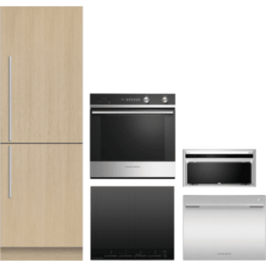 Fisher & Paykel 5-Piece Package 24 Panel-Ready Counter-Depth Built-In Bottom Mount Smart Refrigerator and OB24SCD7PX1 24 Electric Wall Oven and Cooktop and Hood and 24 Semi-Integrated Single DishDrawer - OB24SCD7PX1