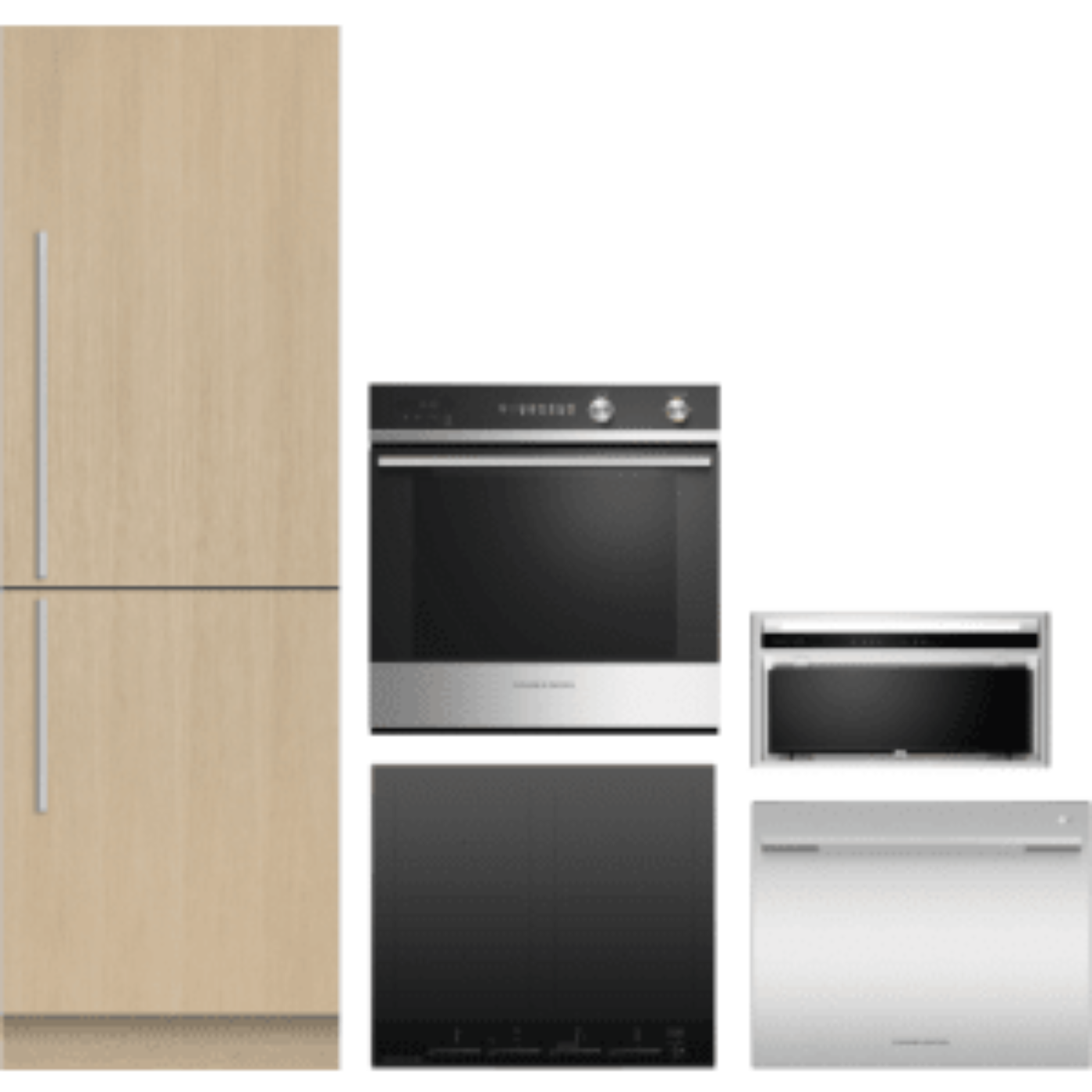 Fisher & Paykel 5-Piece Package 24 Panel-Ready Counter-Depth Built-In Bottom Mount Smart Refrigerator and OB24SCD7PX1 24 Electric Wall Oven and Cooktop and Hood and 24 Semi-Integrated Single DishDrawer - OB24SCD7PX1