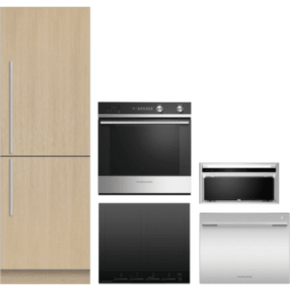 Fisher & Paykel 5-Piece Package 24 Panel-Ready Counter-Depth Built-In Bottom Mount Smart Refrigerator and OB24SCD7PX1 24 Electric Wall Oven and Cooktop and Hood and 24 Semi-Integrated Single DishDrawer - OB24SCD7PX1