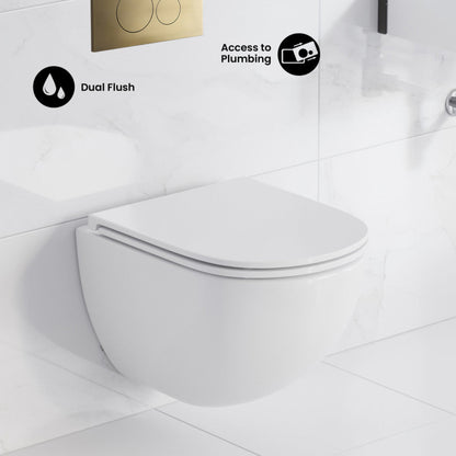 Swiss Madison St. Tropez Wall-Hung Toilet Bundle 0.8/1.6 GPF Dual Flush in Glossy White with Brass Flush Plate - SM-WT0801GW