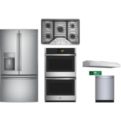 GE Appliances Profile 5-Piece Package 36 French-Door and 36 Cooktop and 30 Convection Double Wall Oven and 36 Under Cabinet Hood and 24 Integrated Dishwasher - PVX7360SJSS