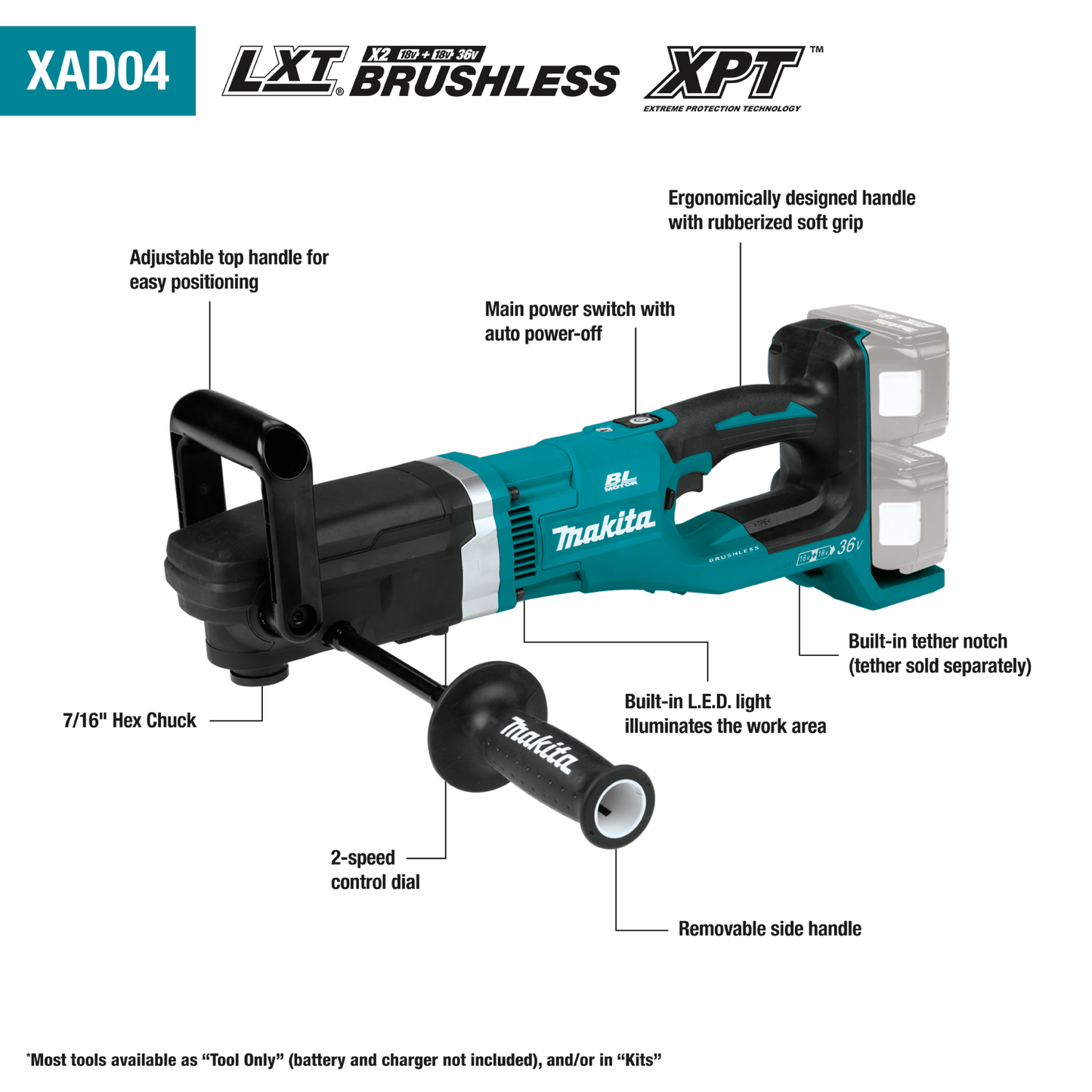 Makita XAD04Z 36V (18V X2) LXT Brushless Cordless 7/16" Hex Right Angle Drill (Tool Only) - DML813