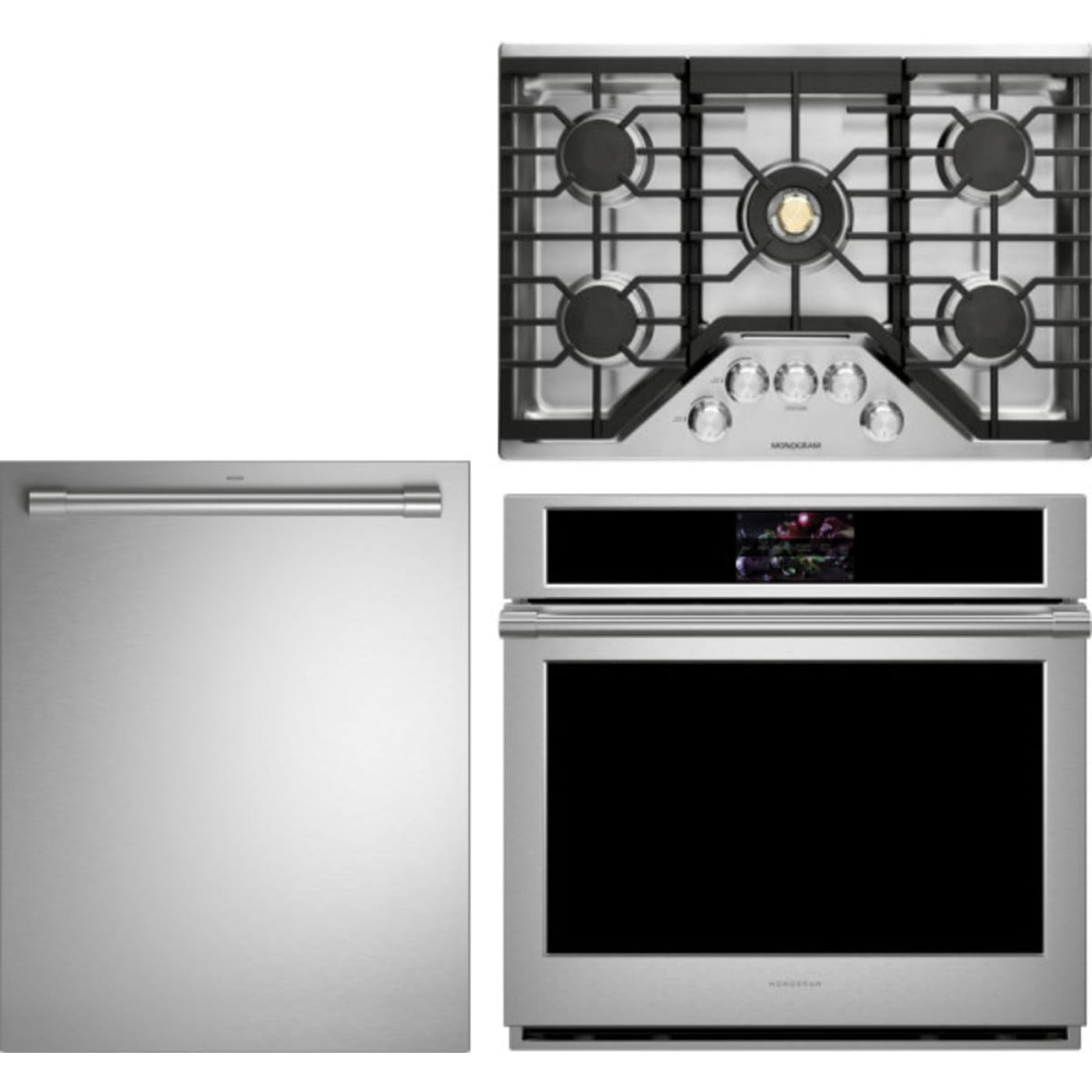 Monogram 3-Piece Package ZGU30RSLSS 30 Inch Gas Cooktop and ZTS90DPSNSS 30 Inch Built-In Electric Smart Single Wall Ove and ZDT925SPNSS 24 Inch Smart Fully Integrated Dishwasher - ZGU30RSLSS