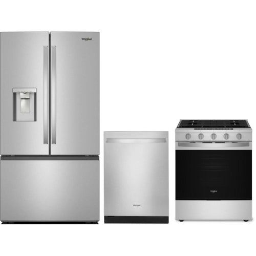 Whirlpool 3-Piece Package 36 Inch Freestanding French Door Refrigerator and WSGS7530RZ 30 Inch Slide-In Gas Smart Range and WDT730HAMZ 24 Inch Fully Integrated Dishwasher - WRFF3536SZ