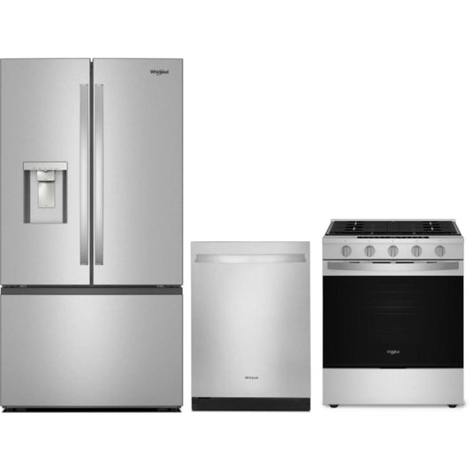 Whirlpool 3-Piece Package 36 Inch Freestanding French Door Refrigerator and WSGS7530RZ 30 Inch Slide-In Gas Smart Range and WDT730HAMZ 24 Inch Fully Integrated Dishwasher - WRFF3536SZ