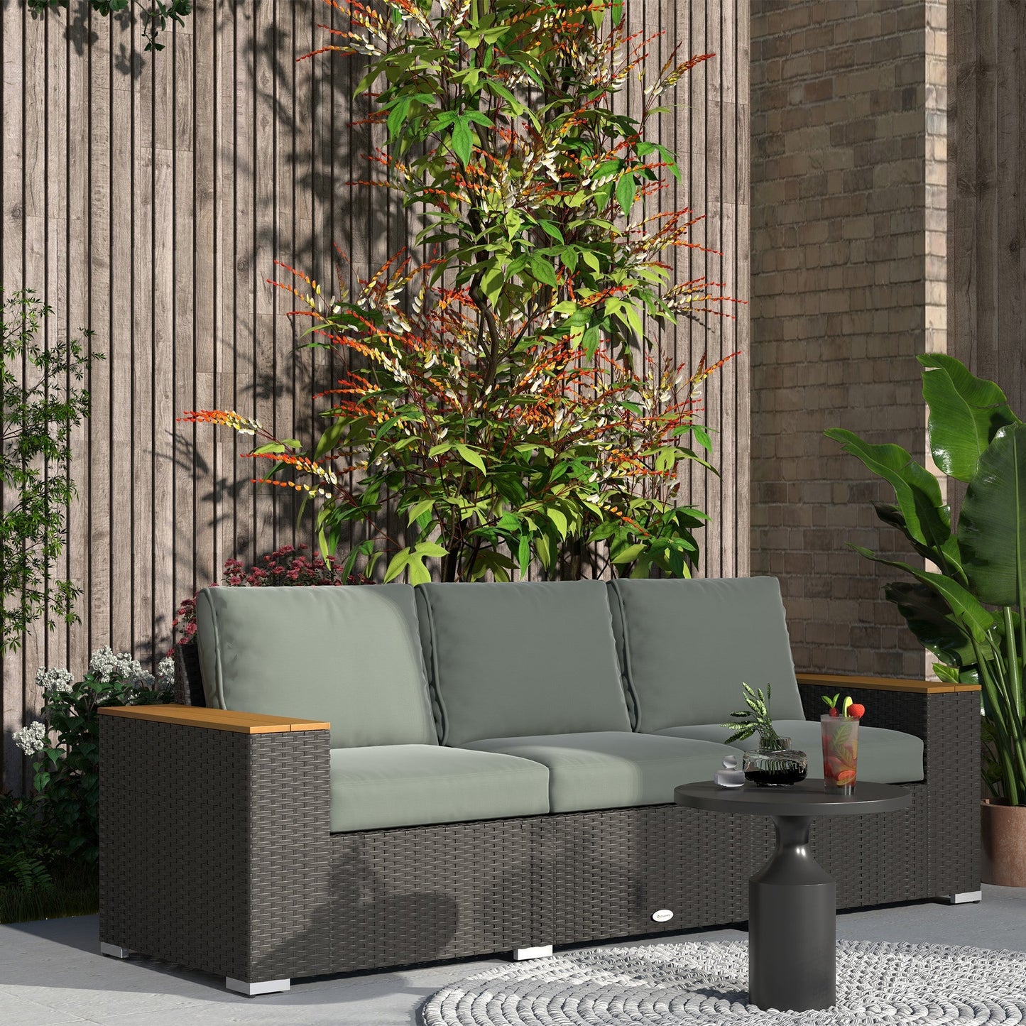 Outsunny 3-Seat Rattan Patio Couch with Cushions and Wood Grain Wide Armrests, Dark Gray - 860-304V00CG