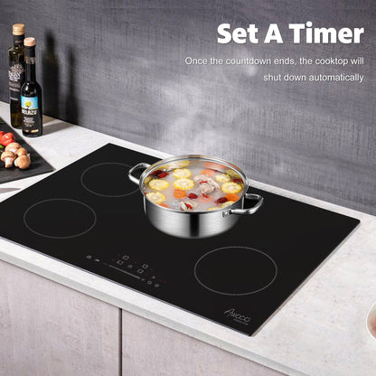 Awoco Ceramic Cooktop, Electric Stove with Burners with hard wire, 9 Power Levels Digital Timer Child Lock, Residual Heat Indicator, Automatic Shut-Off Easy Clean Touch Panel, 220-240V - CT-4C30
