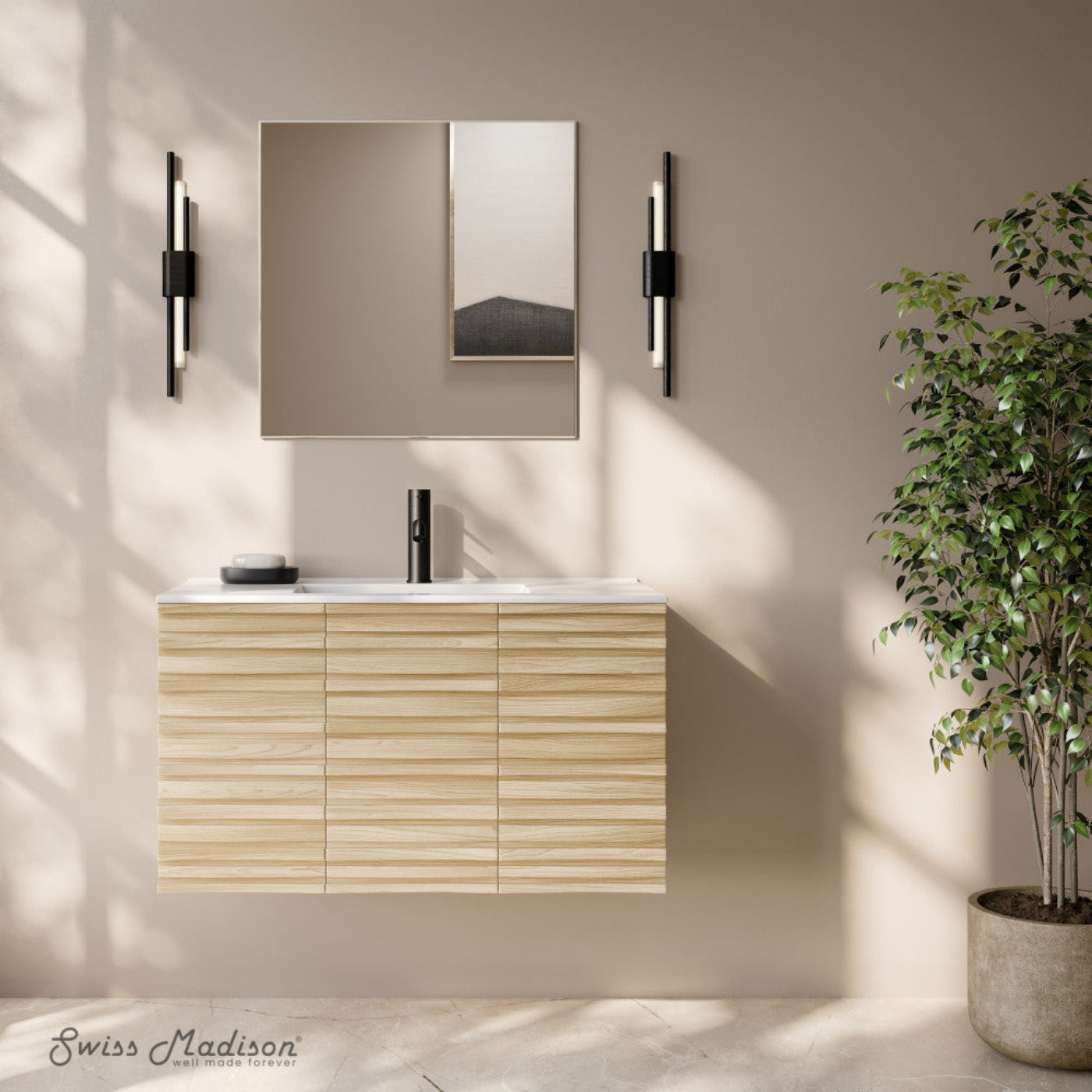 Swiss Madison Cascade 36" Wall-Mounted Bathroom Vanity in Natural Oak with Sink Top - SM-BV8602NO
