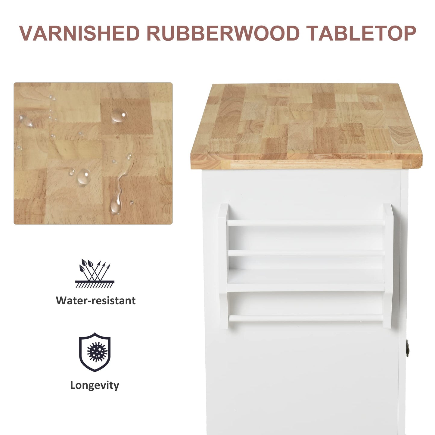 HomCom Kitchen Island on Wheels, Rolling Cart with Rubberwood Top - B08L44DQF8