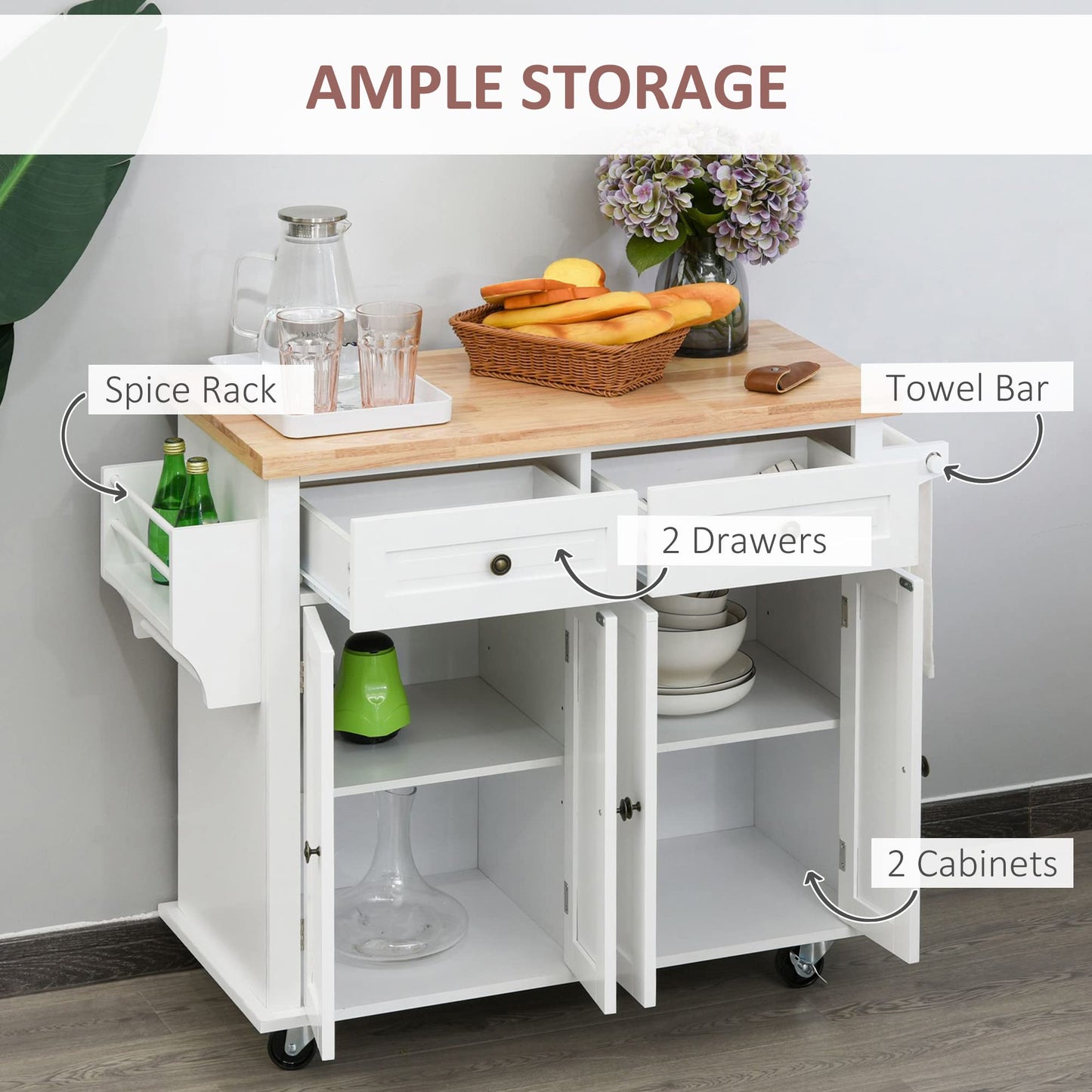 HomCom Kitchen Island on Wheels, Rolling Cart with Rubberwood Top - B08L44DQF8