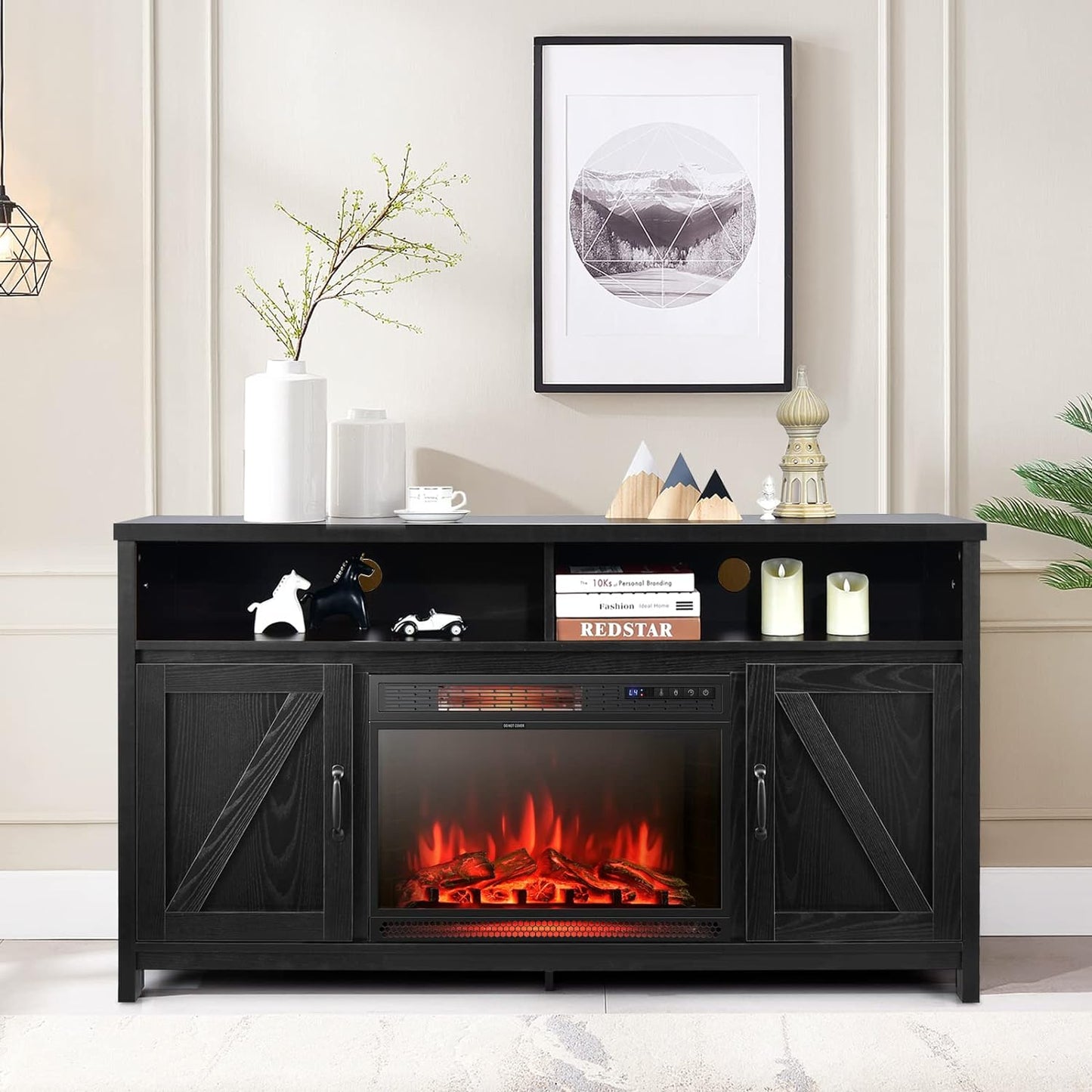 Tangkula Electric Fireplace TV Stand, 59 Inches TV Console - HV10083CF+FP10047US