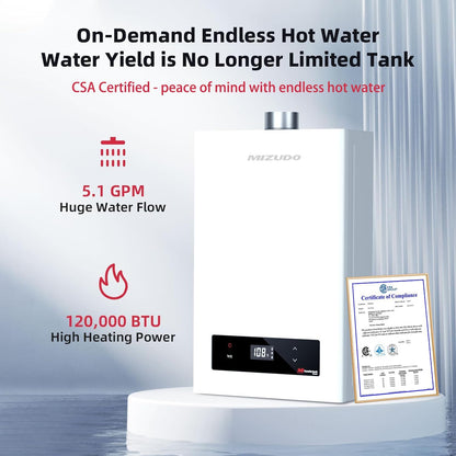 Mizudo CS120 Tankless Water Heater Propane Gas 5.1 GPM 120,000 BTU New - FDG-CS120BW-LP