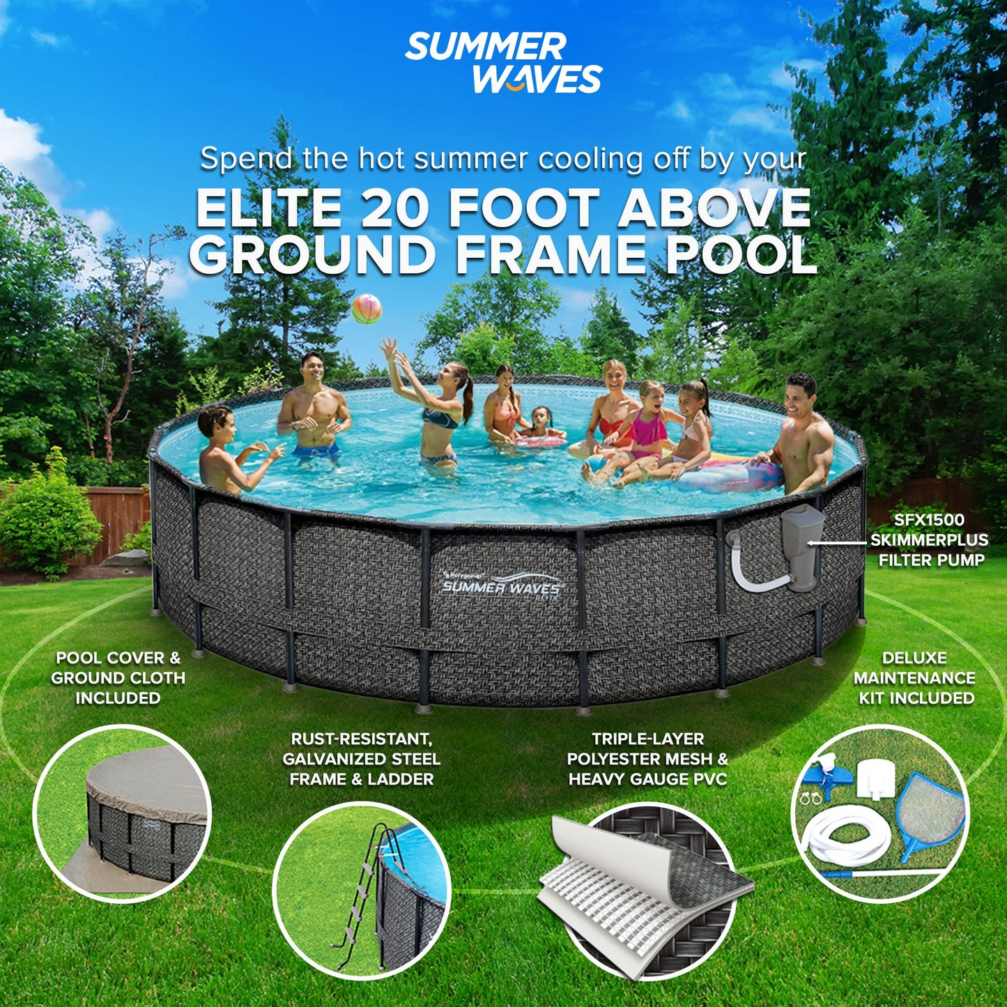 Summer Waves Elite 20ftx48in Above Ground Frame Swimming Pool Set w/ Pump  - 242947
