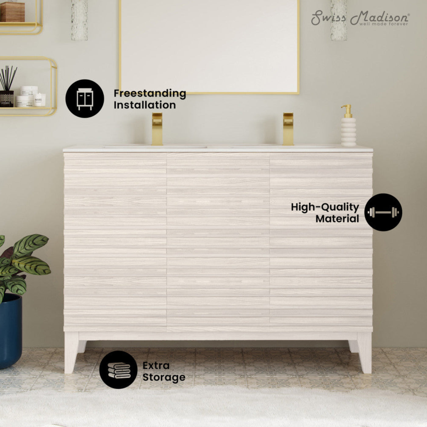 Swiss Madison Cascade 48" Freestanding Bathroom Vanity in White Oak with Double Basin Sink Top - SM-BV8636WO