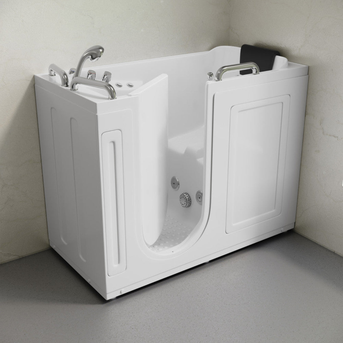 Swiss Madison Auvergne 53" x 27" ADA Left Drain Walk-in Soaking Bathtub with Massage Jets in Glossy White, Faucet Set, Drain, Grab Bars, Pillow Included - SM-AB6803GW