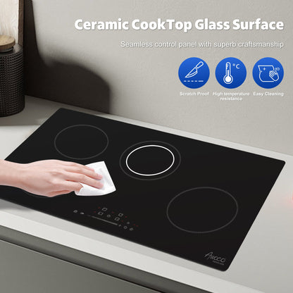 Awoco Ceramic Cooktop, Electric Stove with Burners with hard wire, 9 Power Levels Digital Timer Child Lock, Residual Heat Indicator, Automatic Shut-Off Easy Clean Touch Panel, 220-240V - CT-4C30