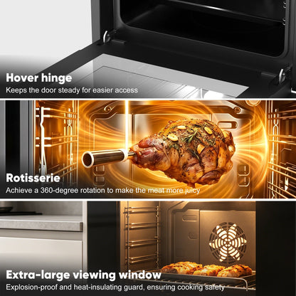 Awoco 24” Built-in Electric Oven, 2.37 Cu ft. Single Wall Oven with 11 Cooking Modes, 360° Rotating Rotisserie, 3440W, Touch Control, LCD Display, Timer, Stainless Steel Wall Oven for Kitchen - AWC-EO-TC11-AF