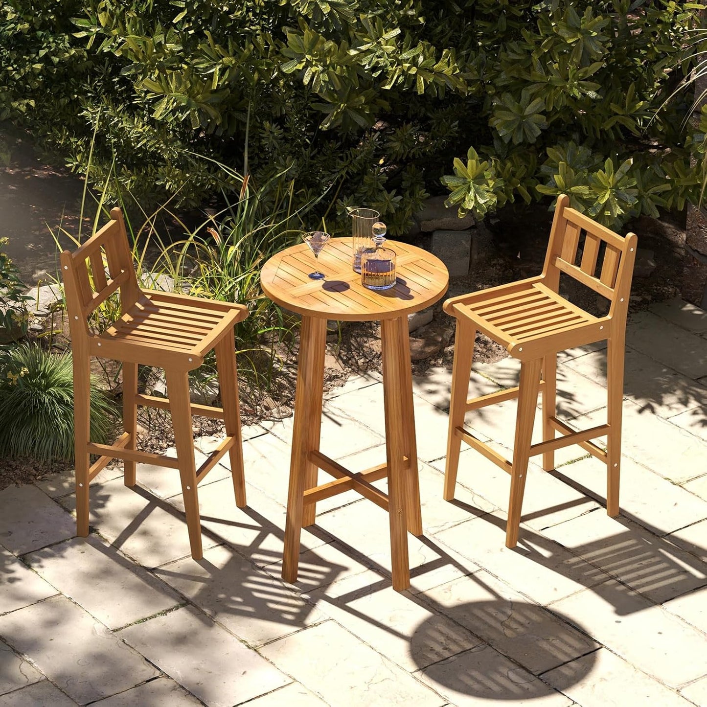 Tangkula Teak Wood Bar Stool, 30” Bar Chair with Footrest & Backrest - 4*JV11896