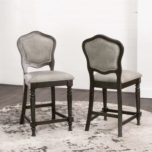 Sunset Trading Vegas Upholstered Barstools with Backs | Counter Height Dining Chairs | Distressed Gray Wood | Nailheads | Set of 2 -  CR-87711-24-2
