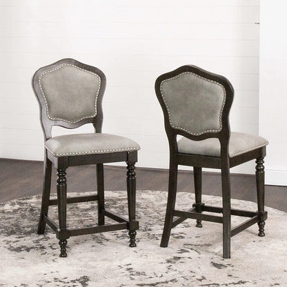 Sunset Trading Vegas Upholstered Barstools with Backs | Counter Height Dining Chairs | Distressed Gray Wood | Nailheads | Set of 2 -  CR-87711-24-2