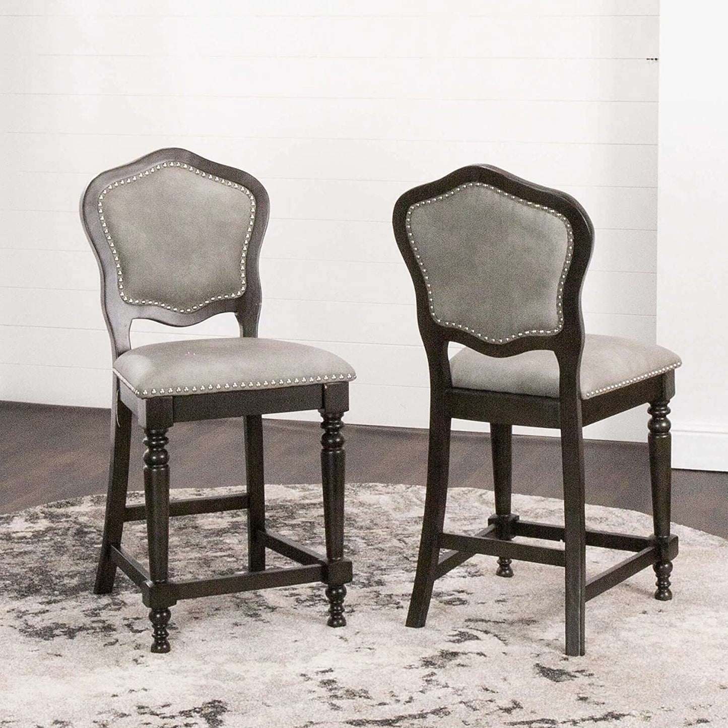 Sunset Trading Vegas Upholstered Barstools with Backs | Counter Height Dining Chairs | Distressed Gray Wood | Nailheads | Set of 2 -  CR-87711-24-2