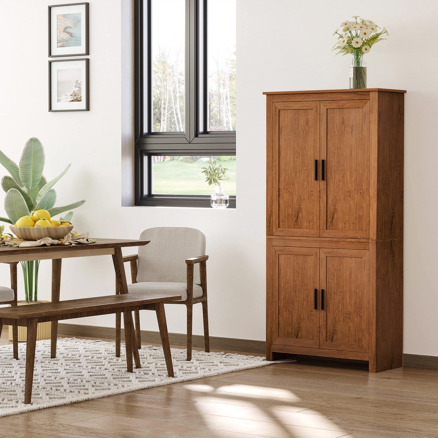 HOMCOM 64" Kitchen Pantry Cabinet, Freestanding Storage Cabinet with 4 Doors and 3 Adjustable Shelves for Dining Room, Oak - B0CGR31CKN