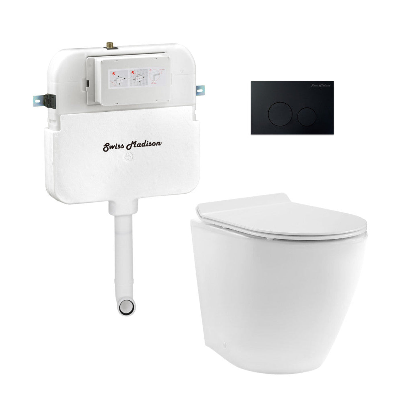 Swiss Madison St. Tropez Back-to-Wall Toilet Bundle 0.8/1.6 GPF Dual Flush in Glossy White with Black Flush Plate - SM-WT0804GW