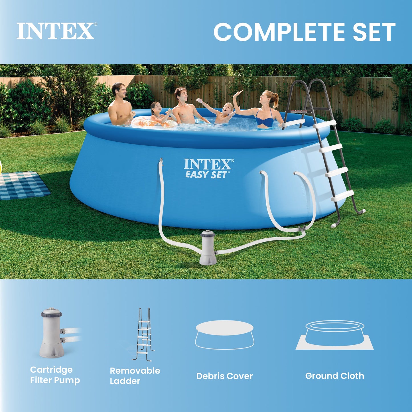 Summer Waves Intex 15' x 48" Inflatable Easy Set Above Ground Swimming Pool w/ Ladder & Pump - 84368