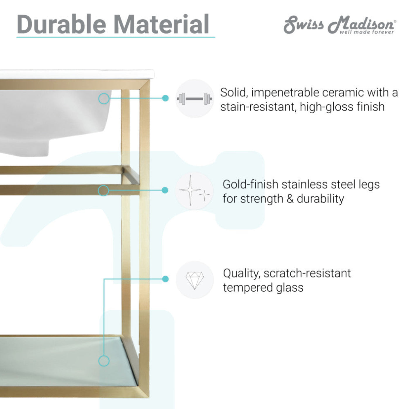 Swiss Madison Pierre 24 Single, Open Shelf, Gold Metal Frame Bathroom Vanity - SM-BV552G