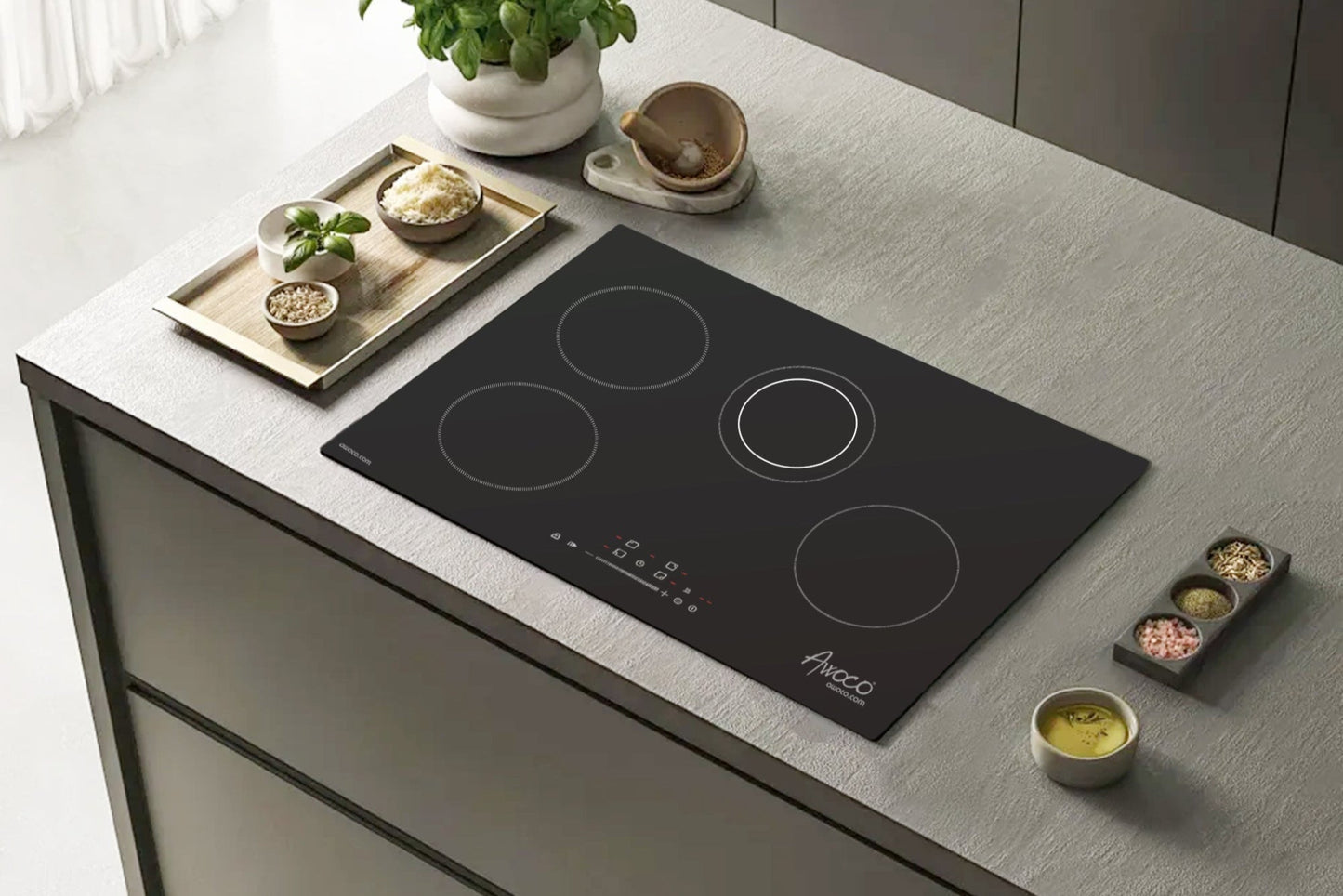 Awoco Ceramic Cooktop, Electric Stove with Burners with hard wire, 9 Power Levels Digital Timer Child Lock, Residual Heat Indicator, Automatic Shut-Off Easy Clean Touch Panel, 220-240V - CT-4C30