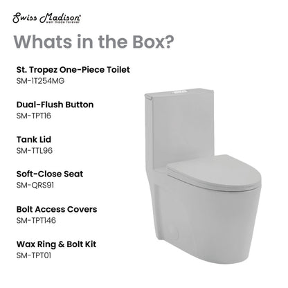 Swiss Madison St. Tropez One-Piece Elongated Toilet Vortex Dual-Flush 1.1/1.6 gpf in Matte Gray - SM-1T254MG