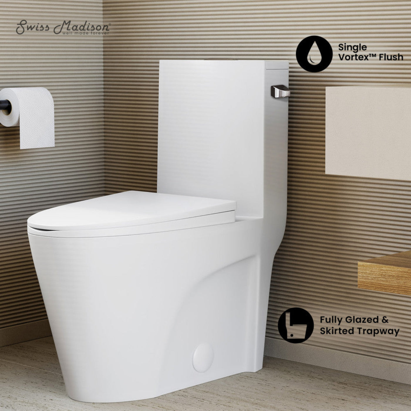 Swiss Madison St. Tropez One-Piece 14" Rough-in 1.28 GPF Right-Hand Vortex Flush Elongated Toilet in Glossy White - SM-1T0816GW