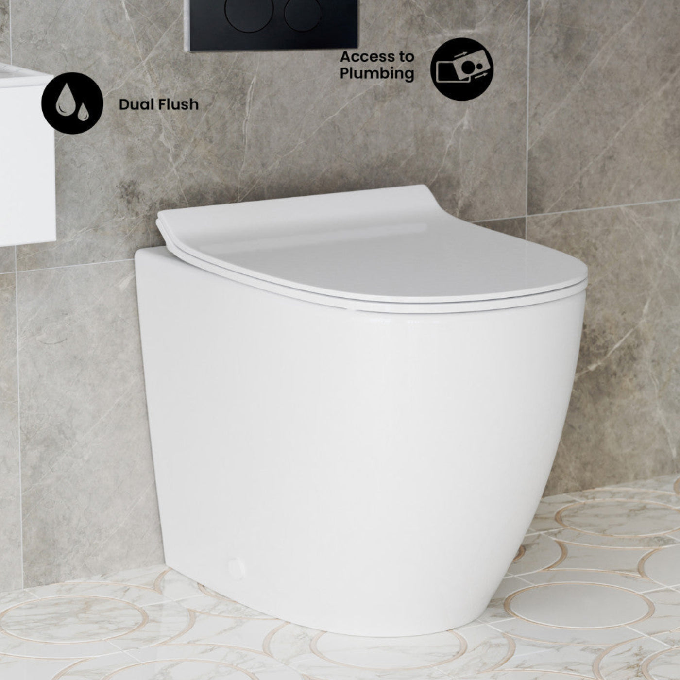 Swiss Madison St. Tropez Back-to-Wall Toilet Bundle 0.8/1.6 GPF Dual Flush in Glossy White with Black Flush Plate - SM-WT0804GW