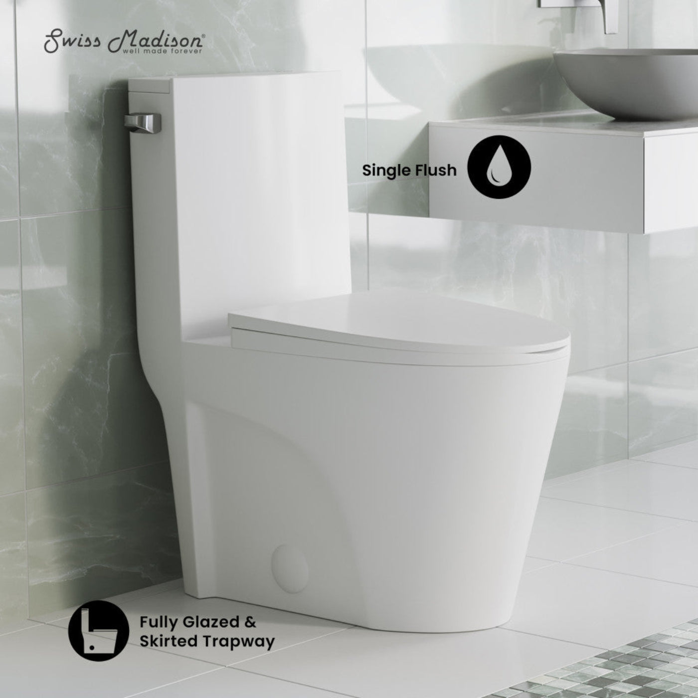 Swiss Madison St. Tropez One-Piece 10" Rough-in 1.28 GPF Left-Hand Vortex Flush Elongated Toilet in Matte White - SM-1T0803MW