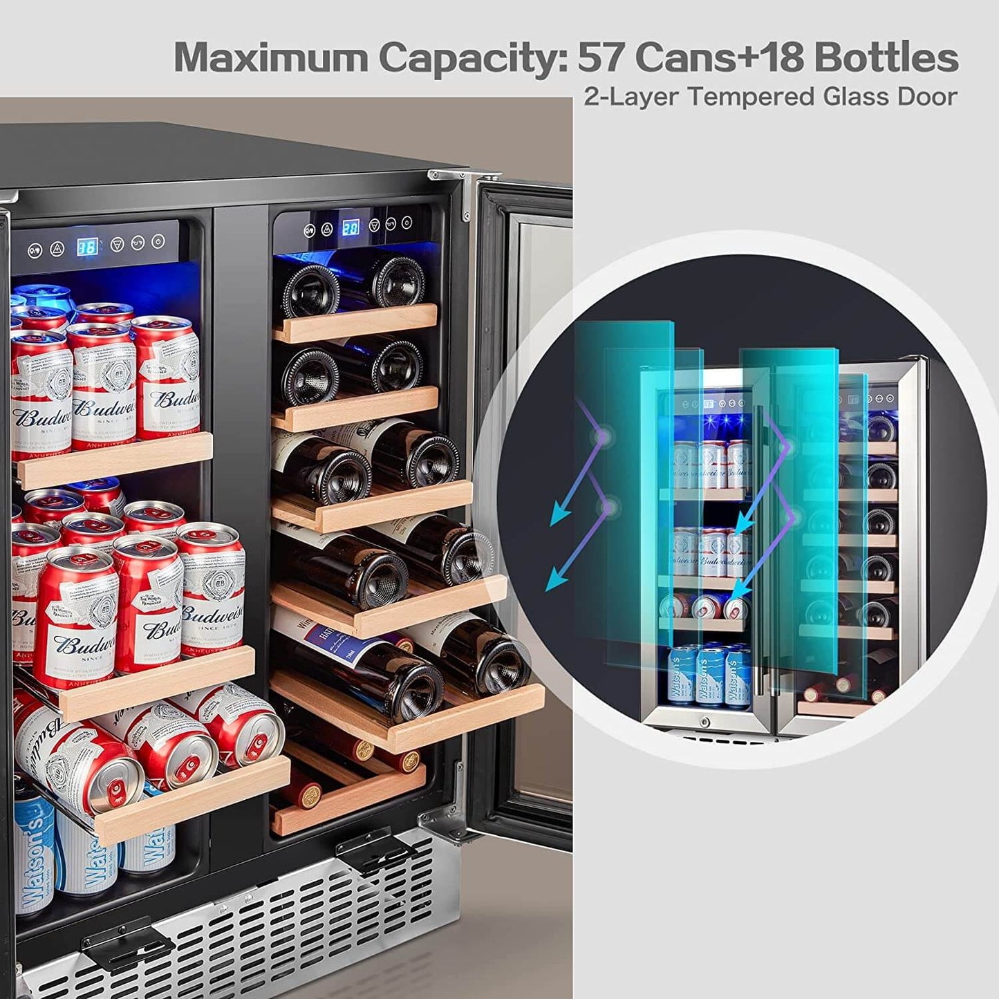Earth Day Sale-AAOBOSI 24 Inch Beverage and Wine Cooler Dual Zone 2-IN-1 Hold 18 Bottles and 57 Cans  - YC120-2D