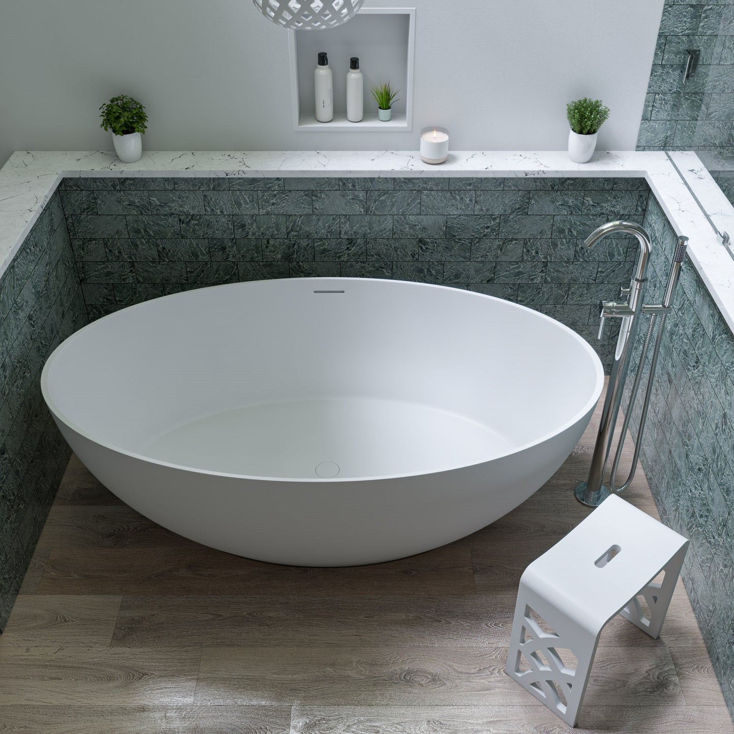 ALFI 67-Inch Oval White Solid Surface Freestanding Smooth Resin Soaking Bathtub  - AB9941
