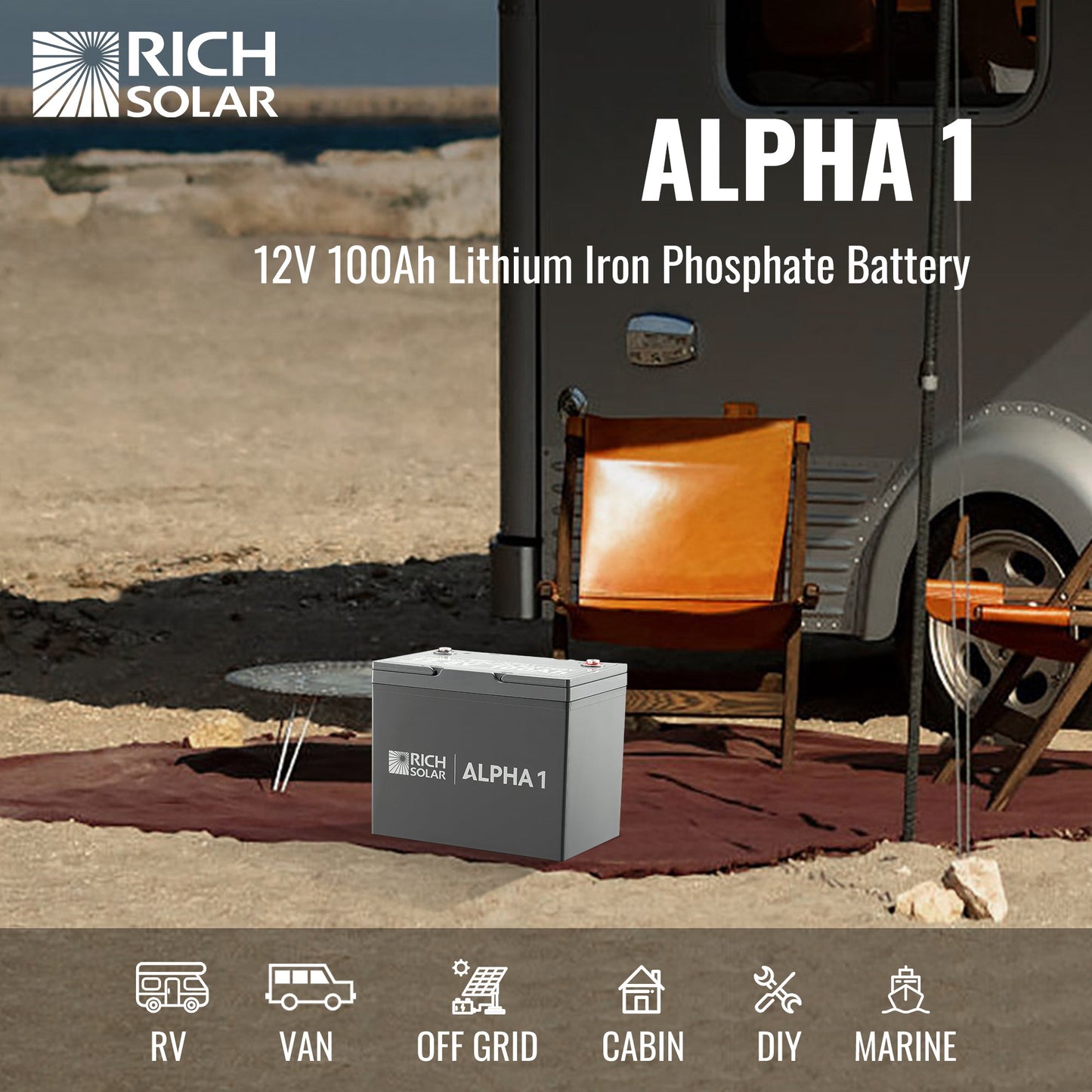 Rich Solar 1 | 12V 100Ah LiFePO4 Battery | Powerful 12V Lithium Battery for RVs, Trailers, Vans, Boats, Off-Grid | 5,000 Lifetime Cycles | Bluetooth and Internal Heat Technology - RS-B121S
