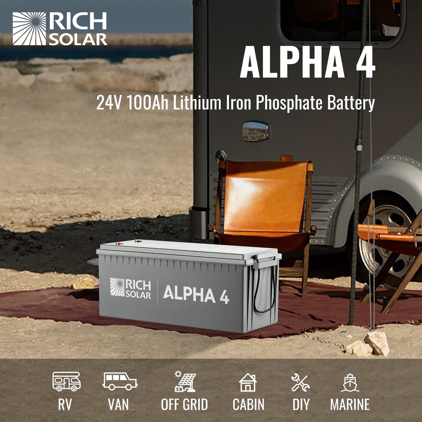 Rich Solar 4 | 24V 100Ah LiFePO4 Battery | Powerful 24V Lithium Battery for RVs, Trailers, Vans, Boats, Off-Grid | 5,000 Lifetime Cycles | Bluetooth and Internal Heat Technology - RS-B241S